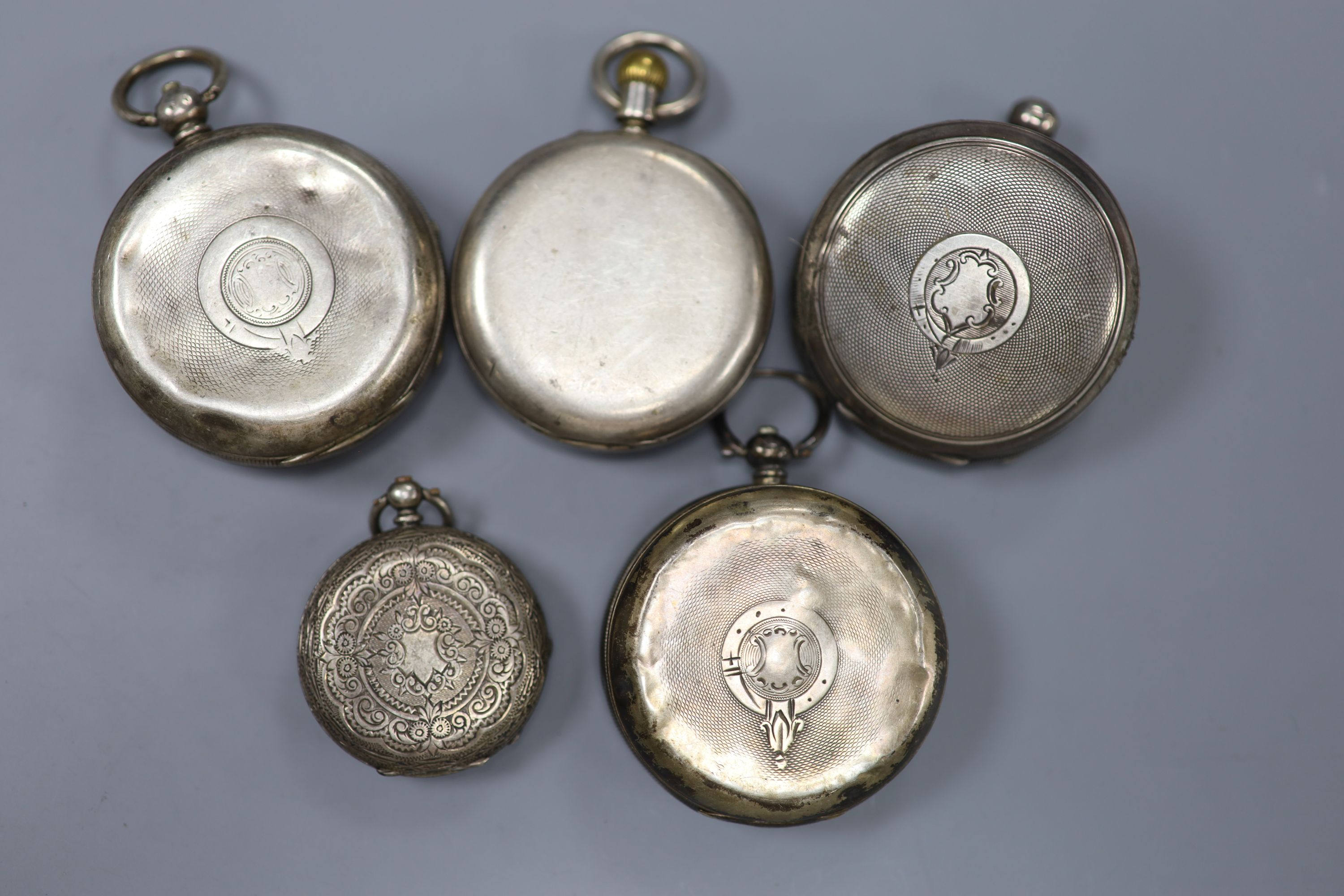 Two silver pocket watches including late Victorian and three other white metal pocket/fob watches(a.f.).